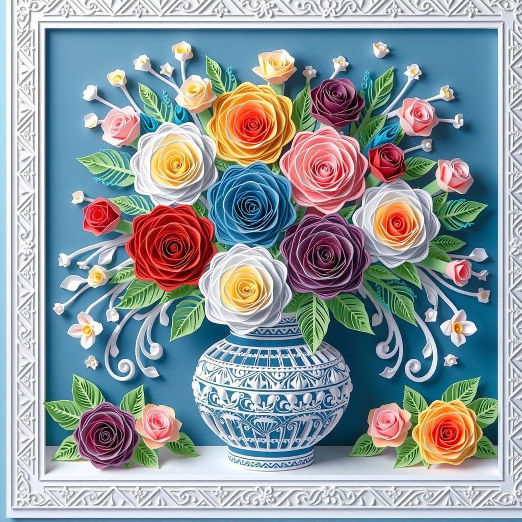 Quilled Paper Craft: Multicolored Roses in Decorative Vase
