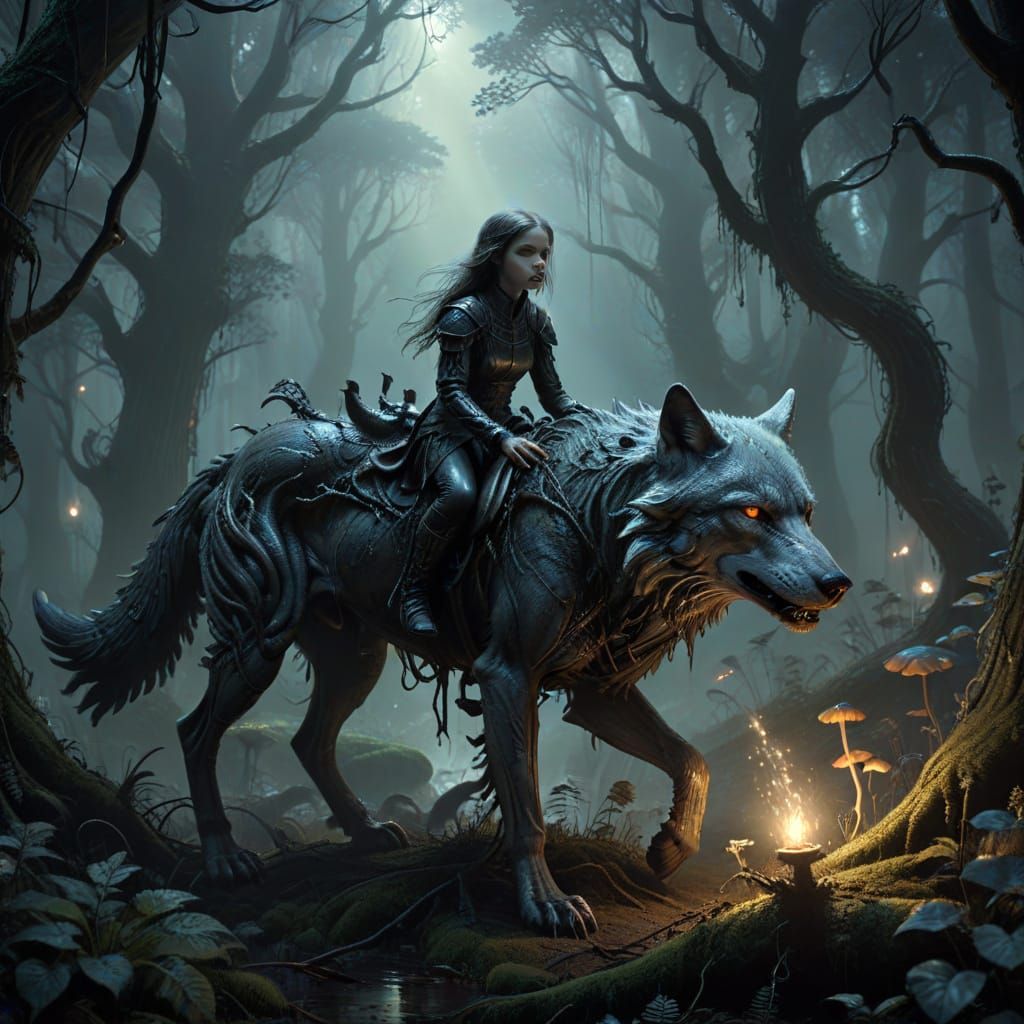 Young Girl Rides Wolf in Mystical Forest Dark Fantasy Art