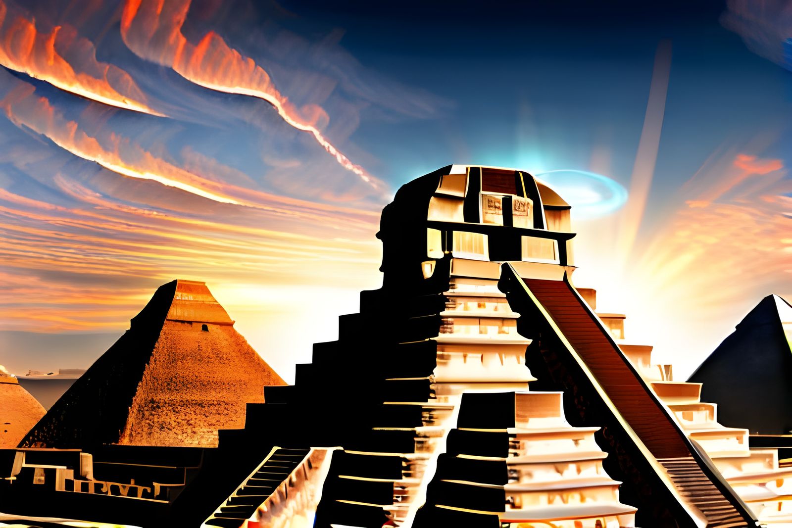 UFOs Over Mayan Pyramids in Hyperrealistic Detail