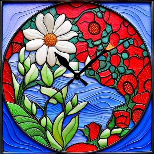 Floral Stained Glass Clock in 3D Sculpture