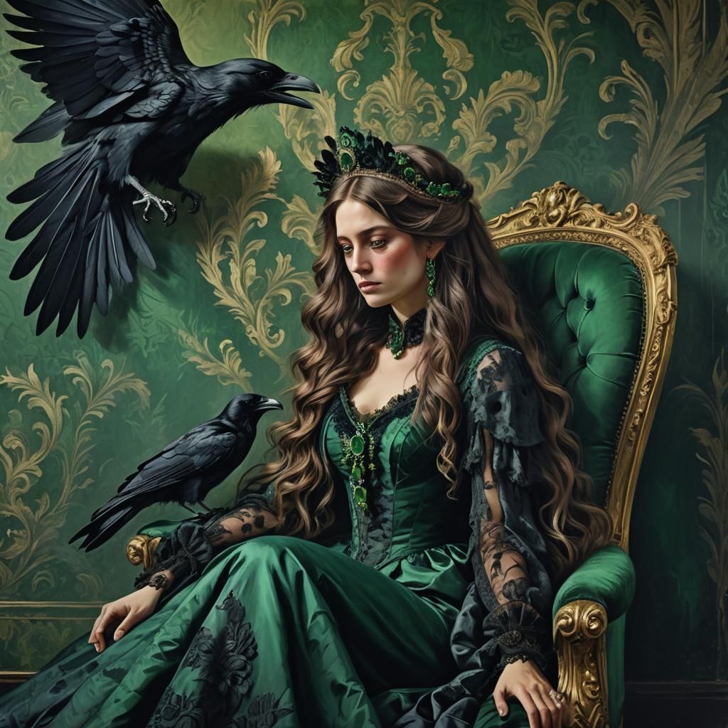 Victorian era, a woman in dark dress with long hair sits facing the wall, her head down, she sits on an emerald chaise, ...