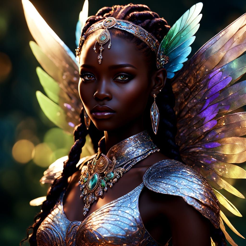 African Goddess with Glowing Green Eyes and Vibrant Wings in...