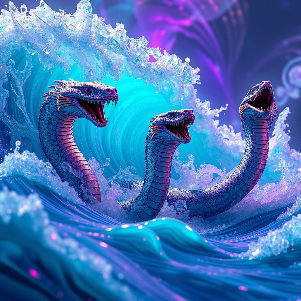Iridescent Serpents Bursting from Turquoise Waves