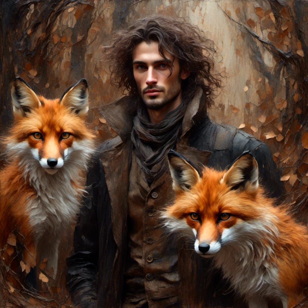 Dark Fantasy Man and Fox in Oil Painting Style