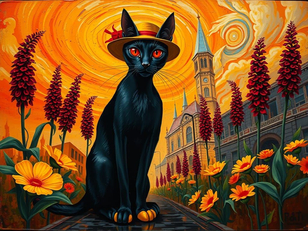 Ethereal Feline in a Surreal Floral Landscape