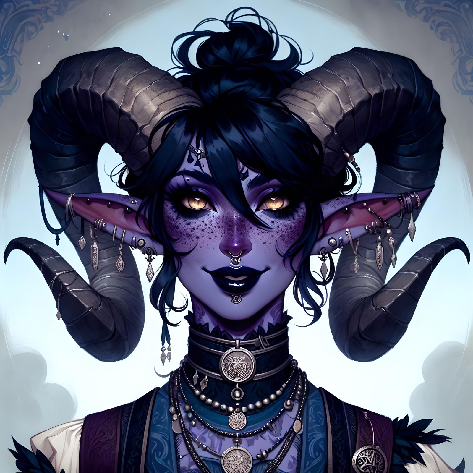 Festive Demon Character with Purple Skin and Amber Eyes