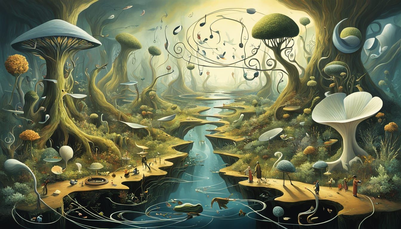 Vibrant Surrealist Landscape of Music and Nature