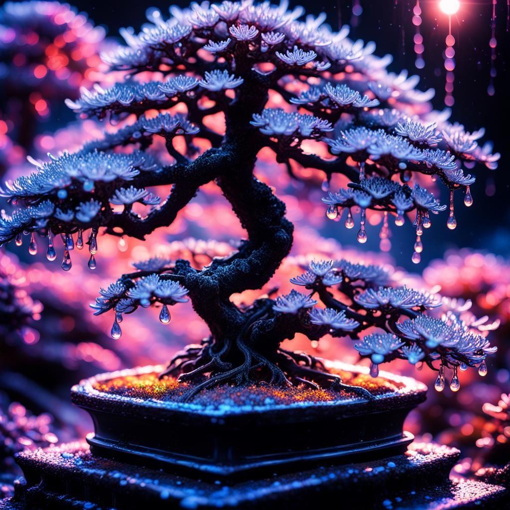 Dew Drops on Bonsai Tree in High Voltage Storm