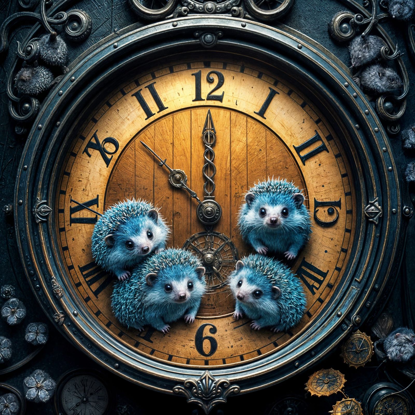 Hedgehog Family in Antique Clock, Detailed Matte Painting