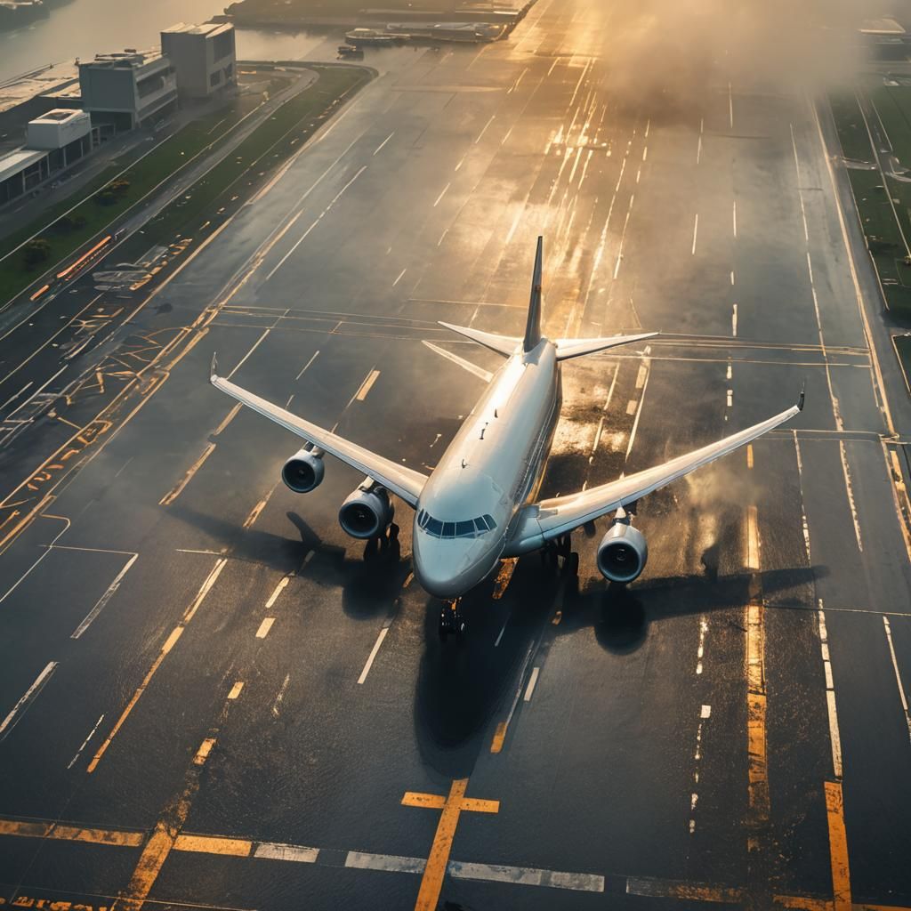 Plane Landing on Hong Kong Runway in Golden Light