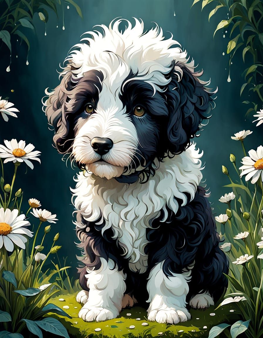 Adorable Sheepadoodle Puppy in Spring Floral Digital Paintin...