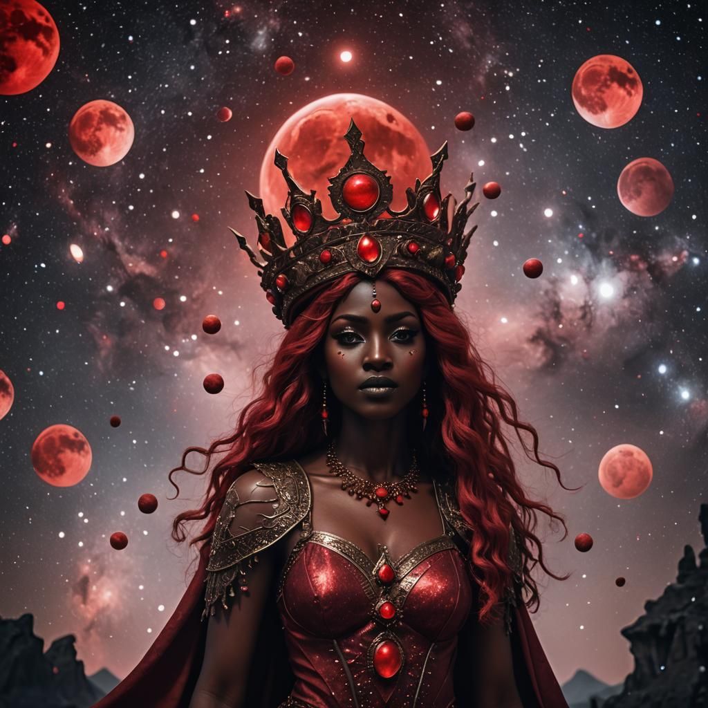 Goddess of Blood Moons in Crimson Galaxy