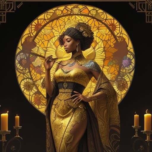 Ornate Stained Glass African Princess in Art Nouveau Style