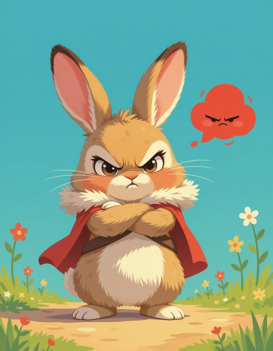 Angry Rabbit with Puffed Cheeks in Whimsical Style