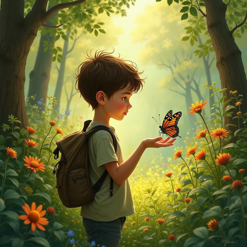 Boy and Butterfly in Lush Forest, Art Nouveau Style
