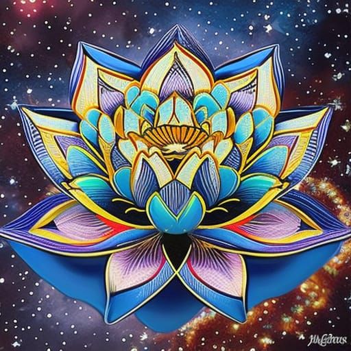 A  magenta egyptian lotus and yellow with teal green accents