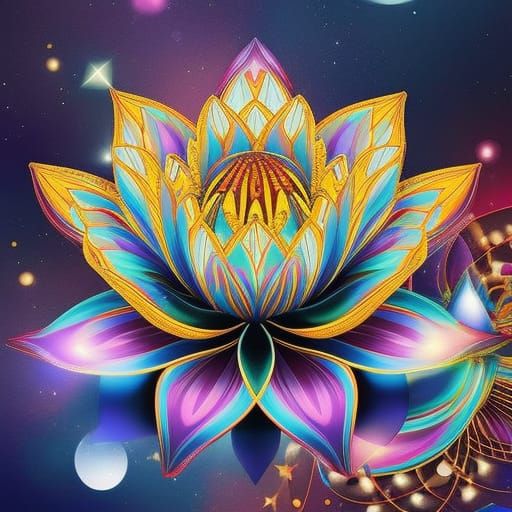 A  magenta egyptian lotus and yellow with teal green accents