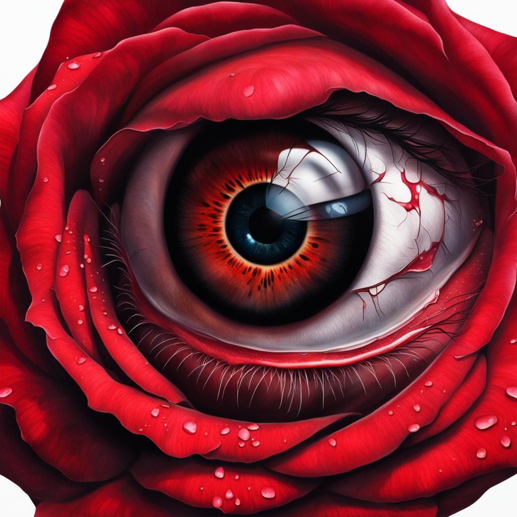 Surreal Red Rose Blooms with Unsettling Eye