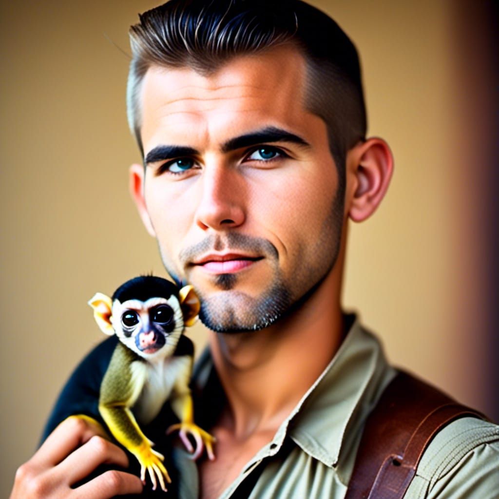 Handsome man and his Common squirrel monkey