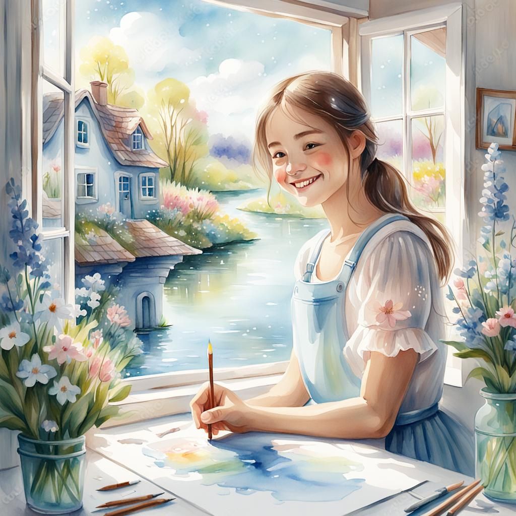 Watercolor House by River with Spring Flowers
