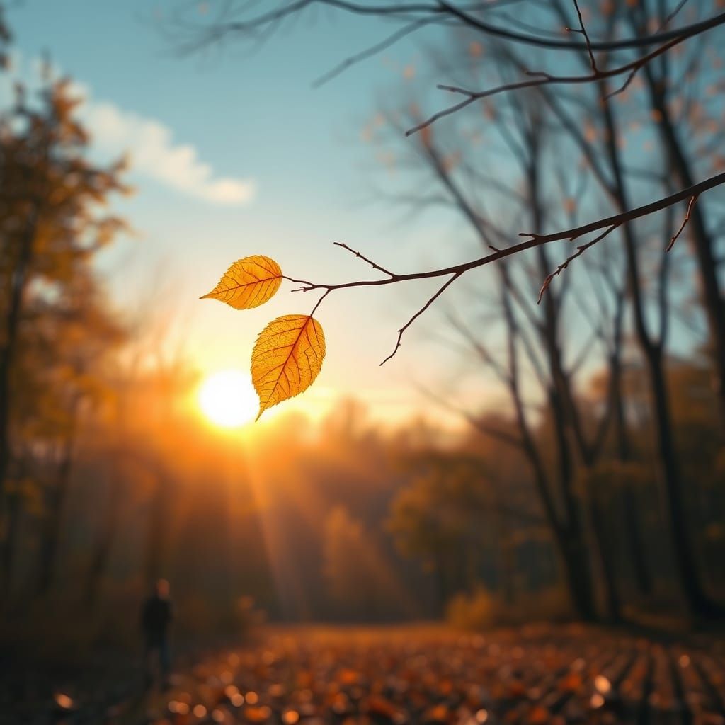 Golden Leaf in Sunset Forest, Serene Concept Art