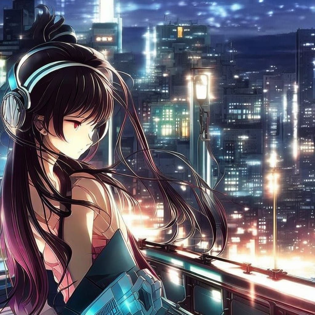 Girl Listens to Music in Anime Style City