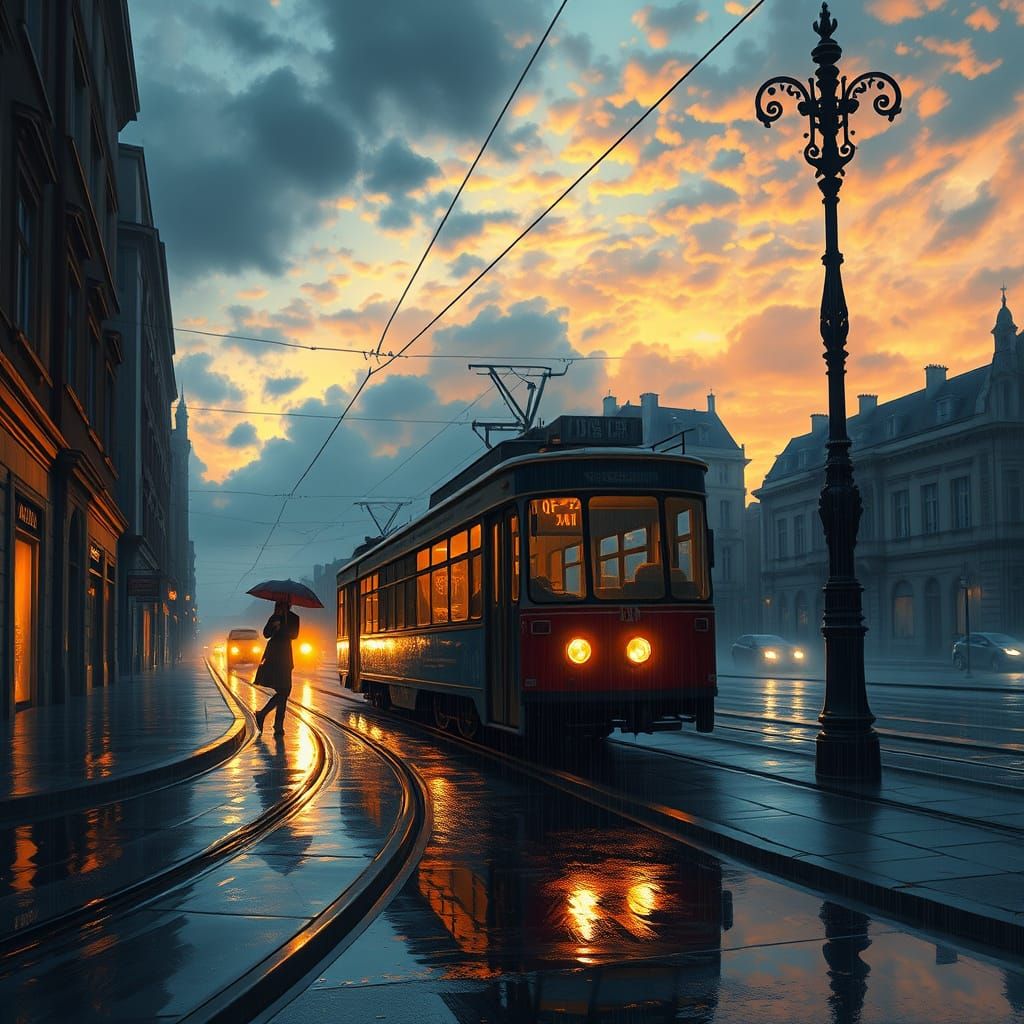 Rainy European City Street at Twilight