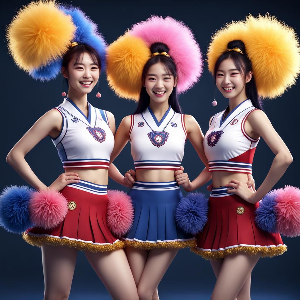 Korean Cheerleaders with Pom Poms in Detailed Matte Painting
