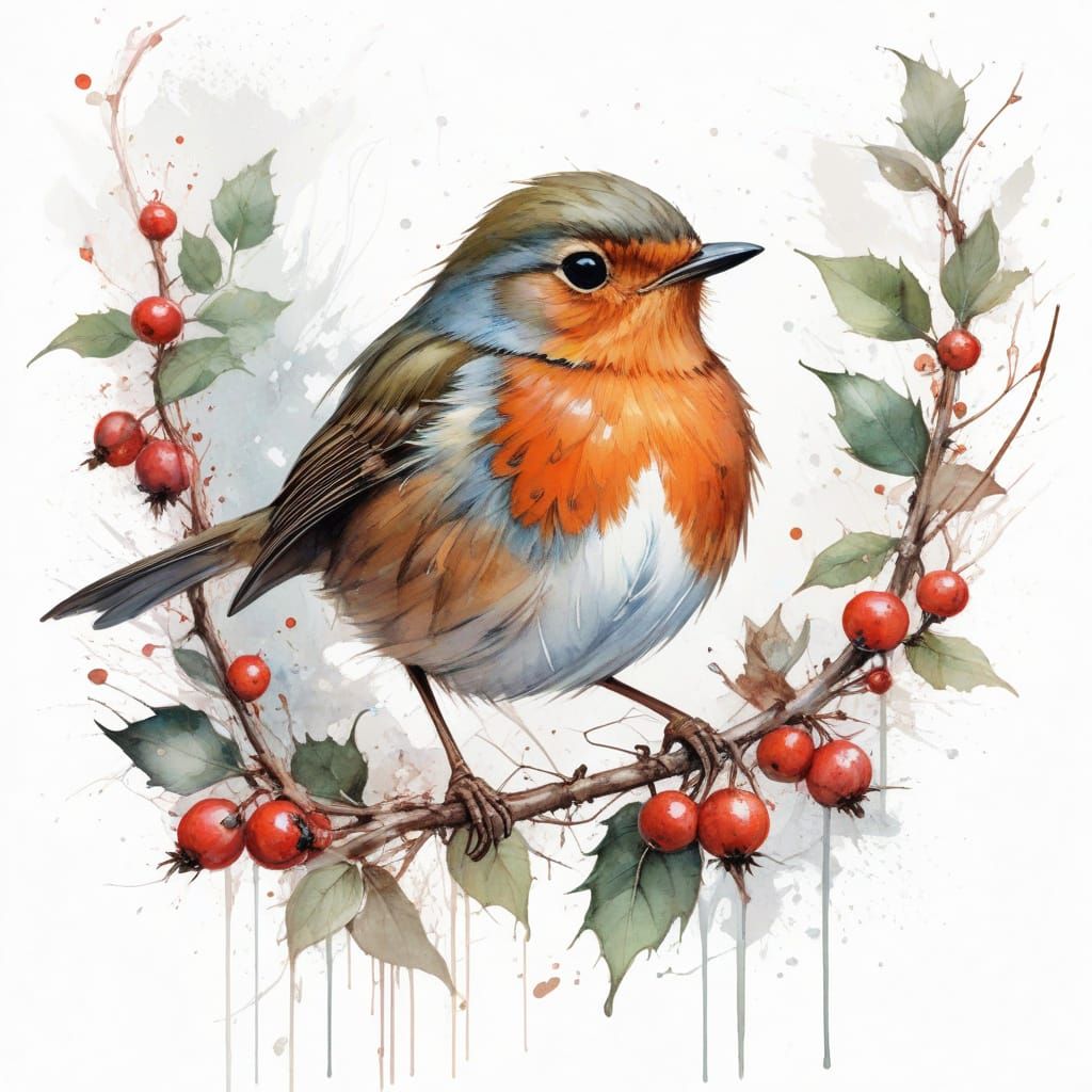"a whimsical (winter berry robin). Stylistic influences from Carne Griffiths and WLOP blend fluid lines with crisp digit...
