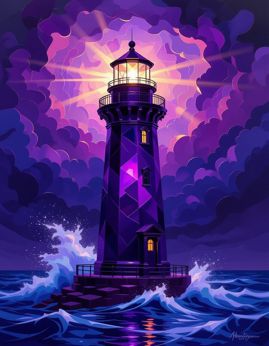 Vibrant Purple Crystal Lighthouse in Baroque Oil Painting St...