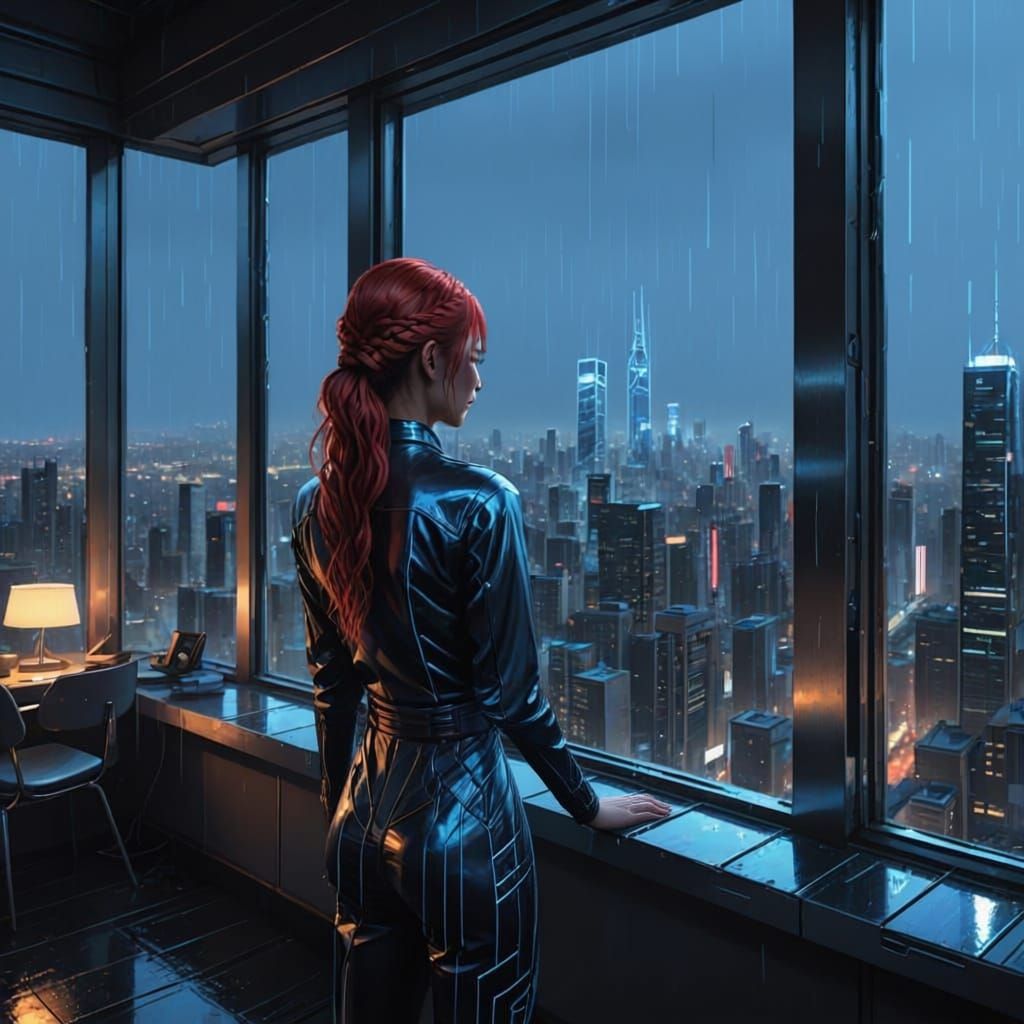 Japanese Woman in Silver Bodysuit on Rainy Night