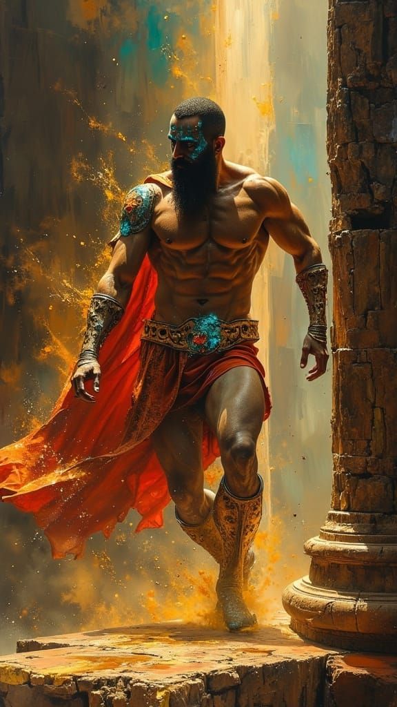 Greek God Battles Demons in Vivid Oil Painting