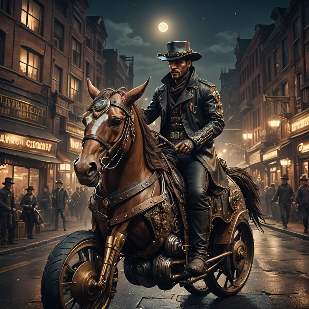 Steampunk Cowboy on Mechanical Horse in City