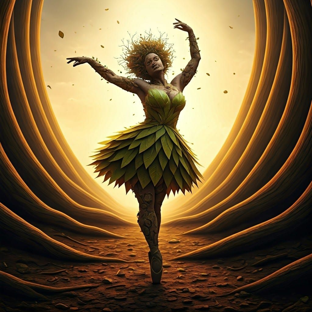 Earth Goddess Dances Ballet Amidst Whimsical Landscape