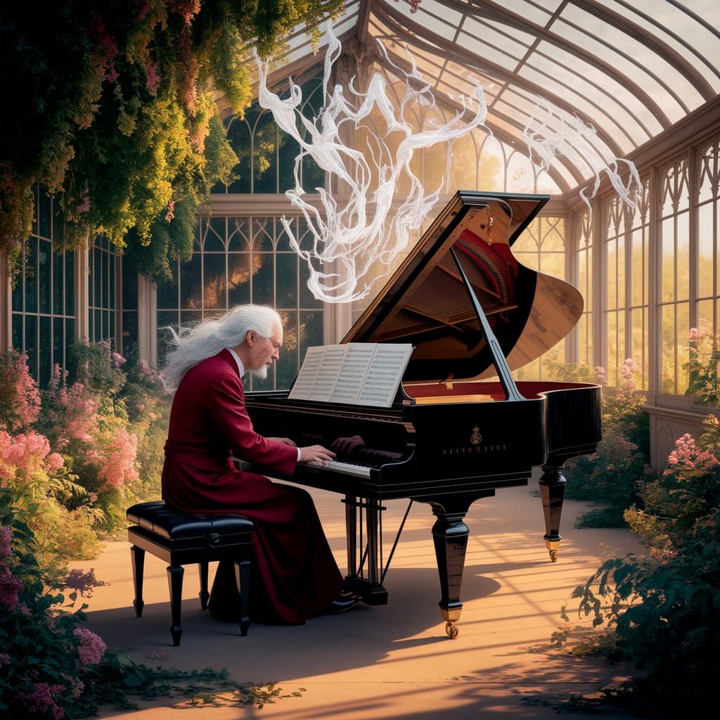 Elderly Man Plays Piano in Conservatory, Surreal Style