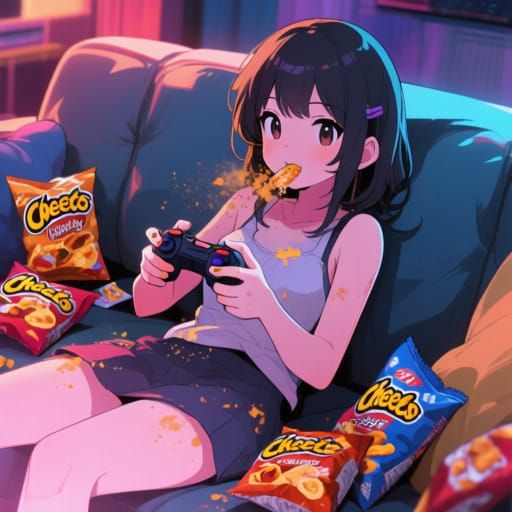 Girl Gaming on Couch in Anime Art Style