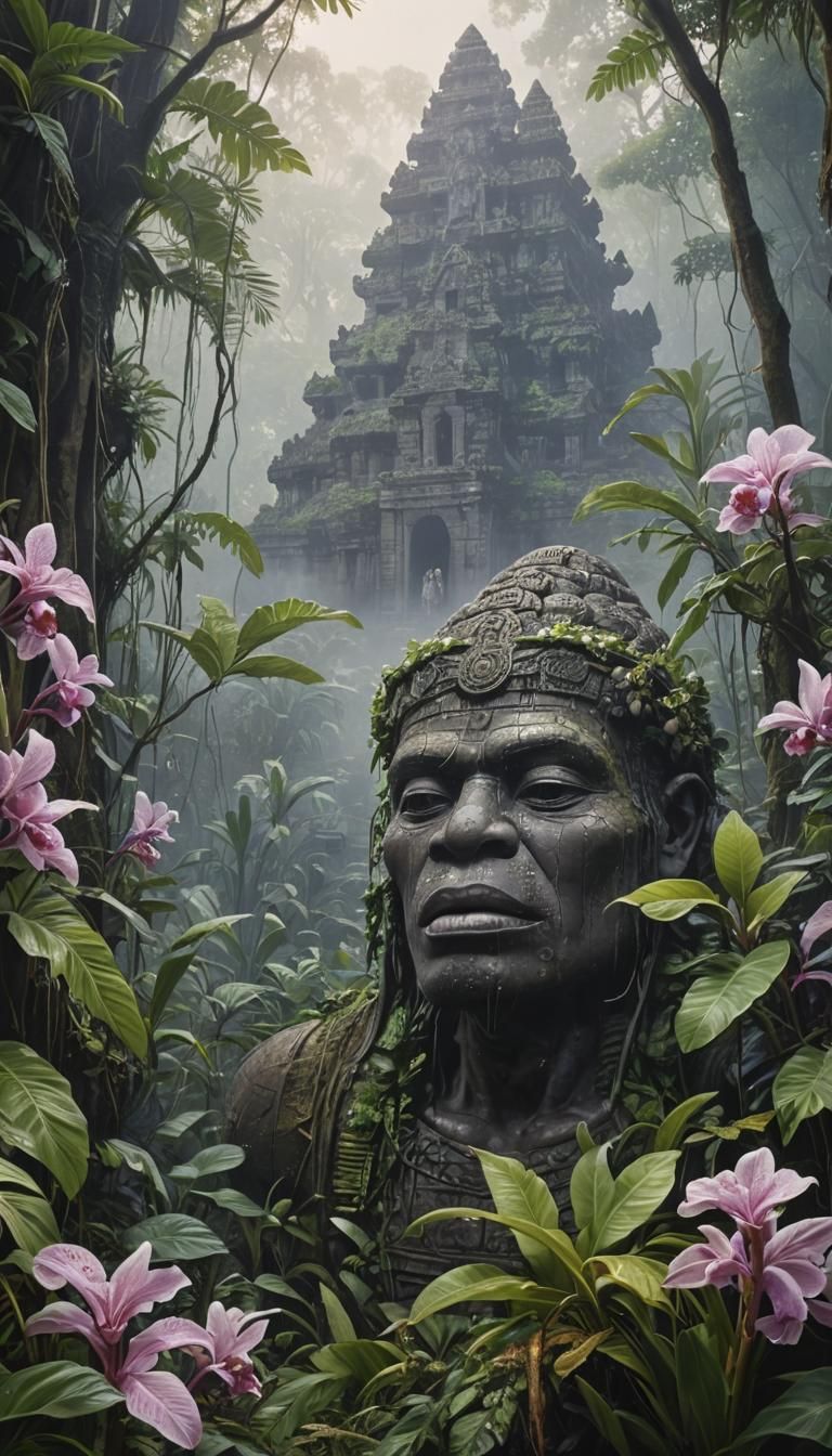 Enchanted Jungle with Olmec Ruins in Mixed-Media