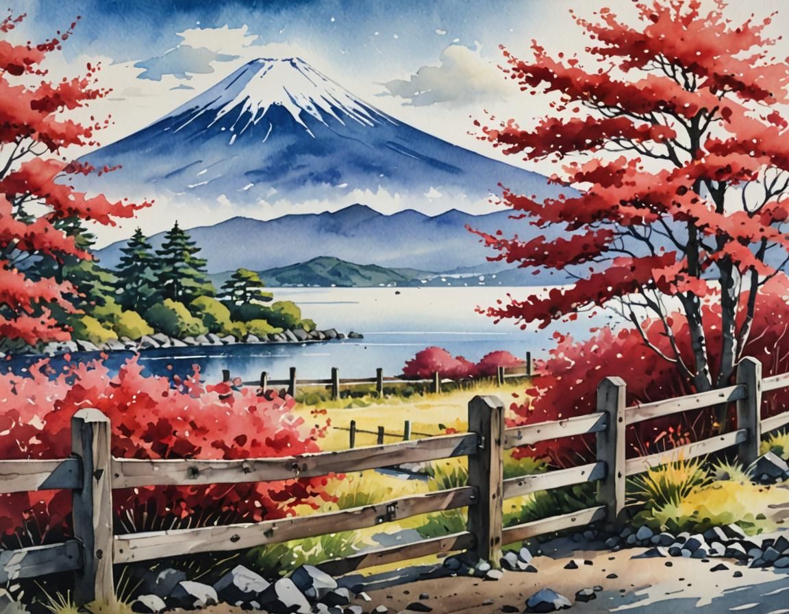 Vibrant Watercolor Landscape with Mt. Fuji