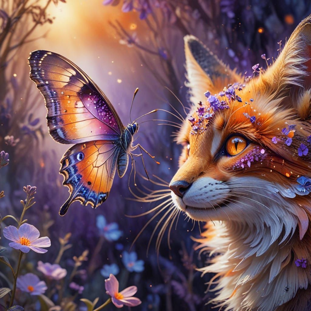 Whimsical Watercolor Butterfly on Fox's Nose in Vibrant Purp...