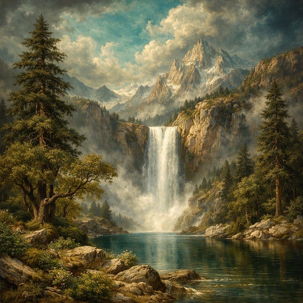 Stormy Mountain Waterfall in Renaissance Style