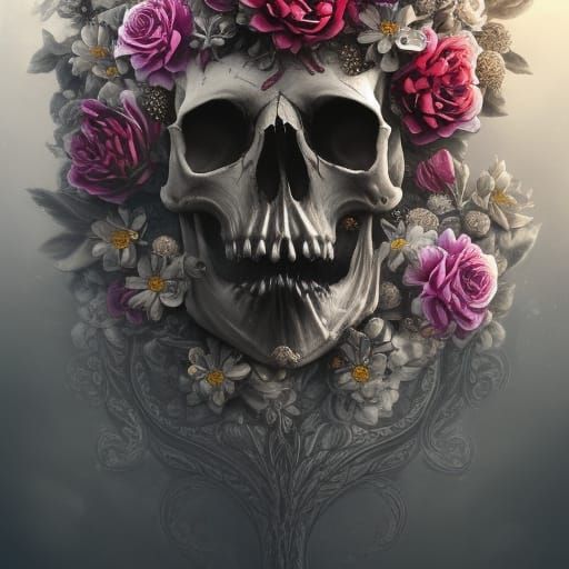 Intricate Skull Surrounded by Colorful Flowers