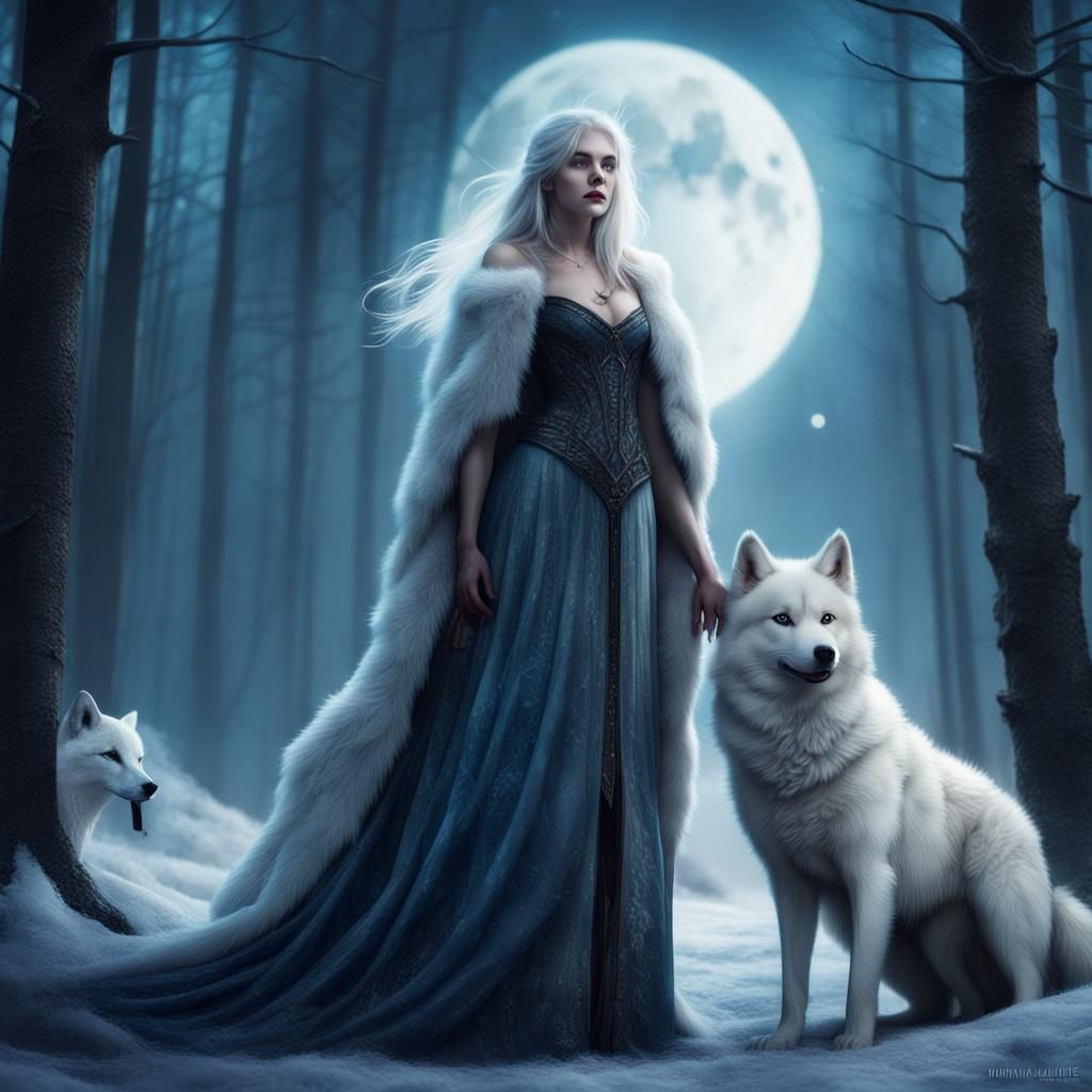 Witch and White Wolf in Forest at Night