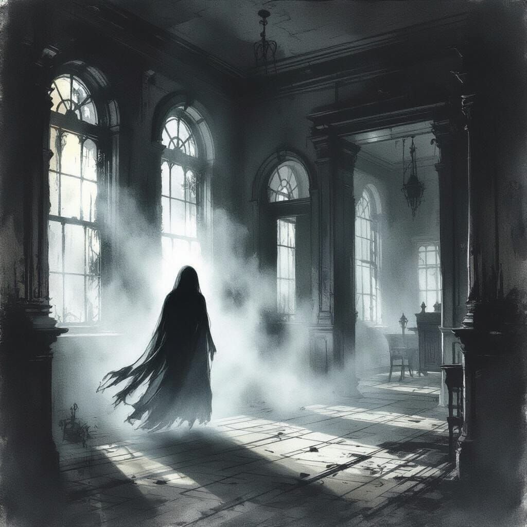 Ethereal Ghost in Foggy Victorian Mansion