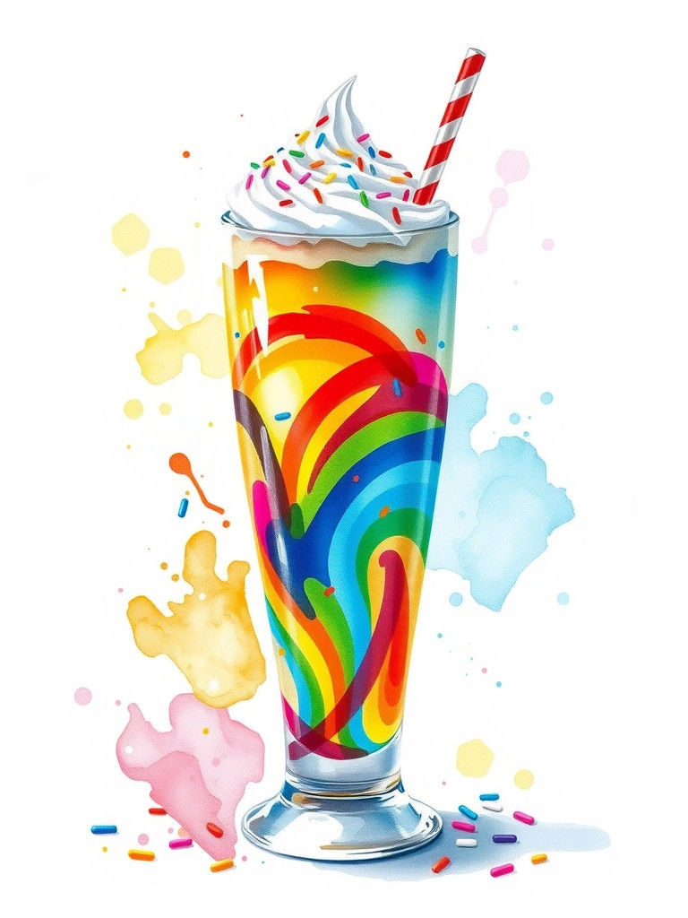 Rainbow Milkshake in Impressionistic Watercolor Style