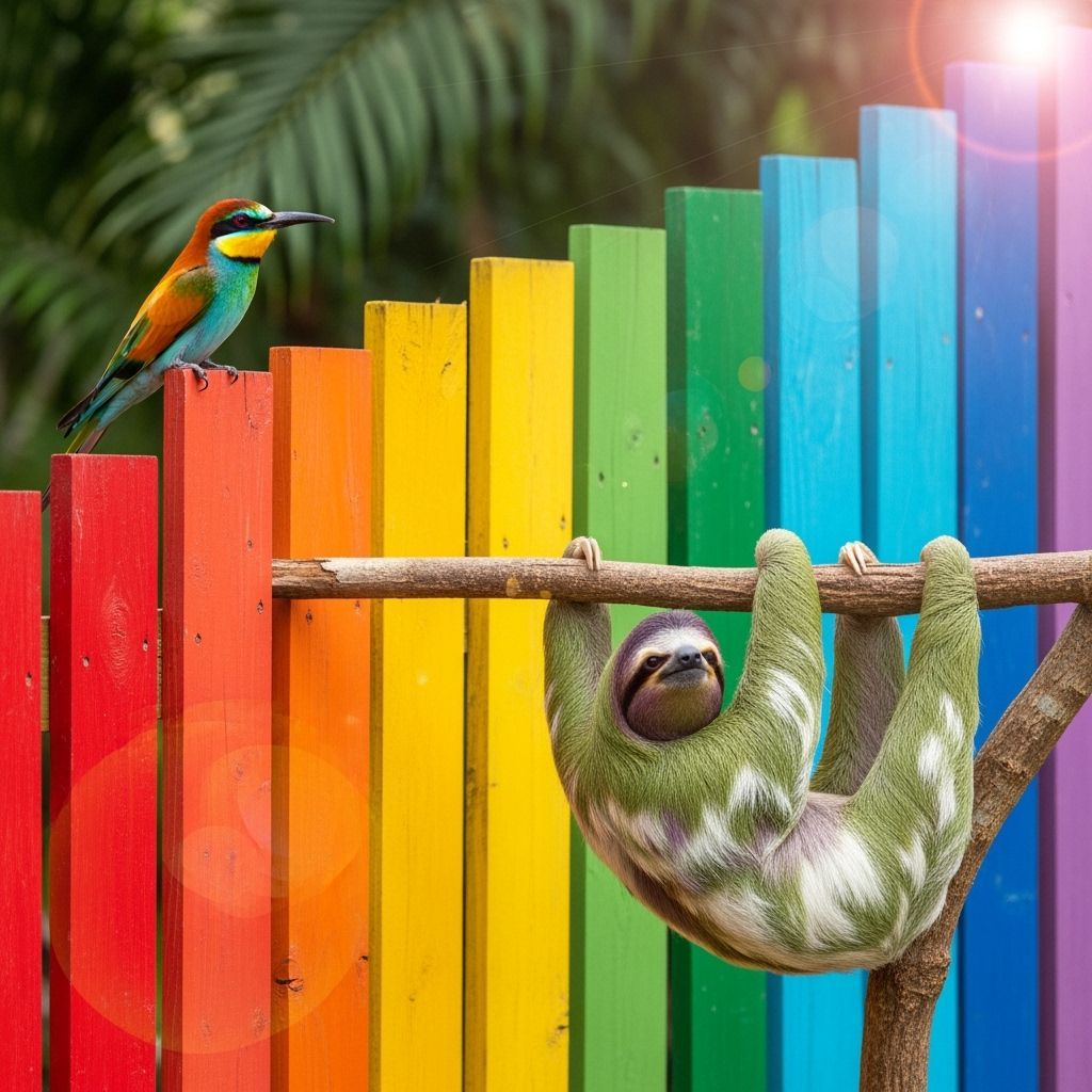 Colorful Bee Eater and Sloth on Rainbow Fence