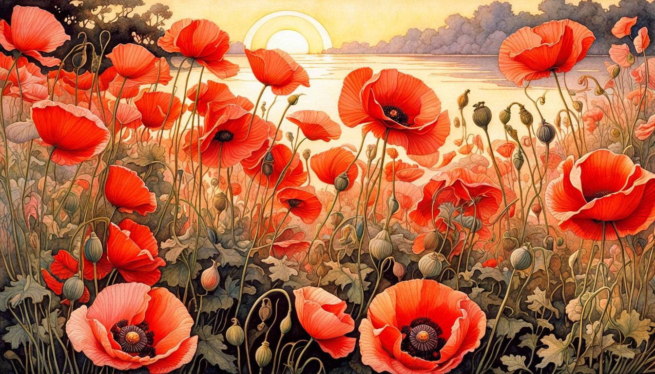 Ethereal Poppies in Soft Evening Light, Intricately Detailed...