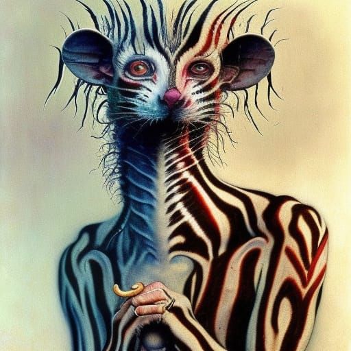 Creepy Zebra-Man Opossum Chimera in Rockwell Style