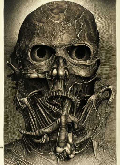 Decomposing Cyberpunk Humanoid in Copper Engraving Style