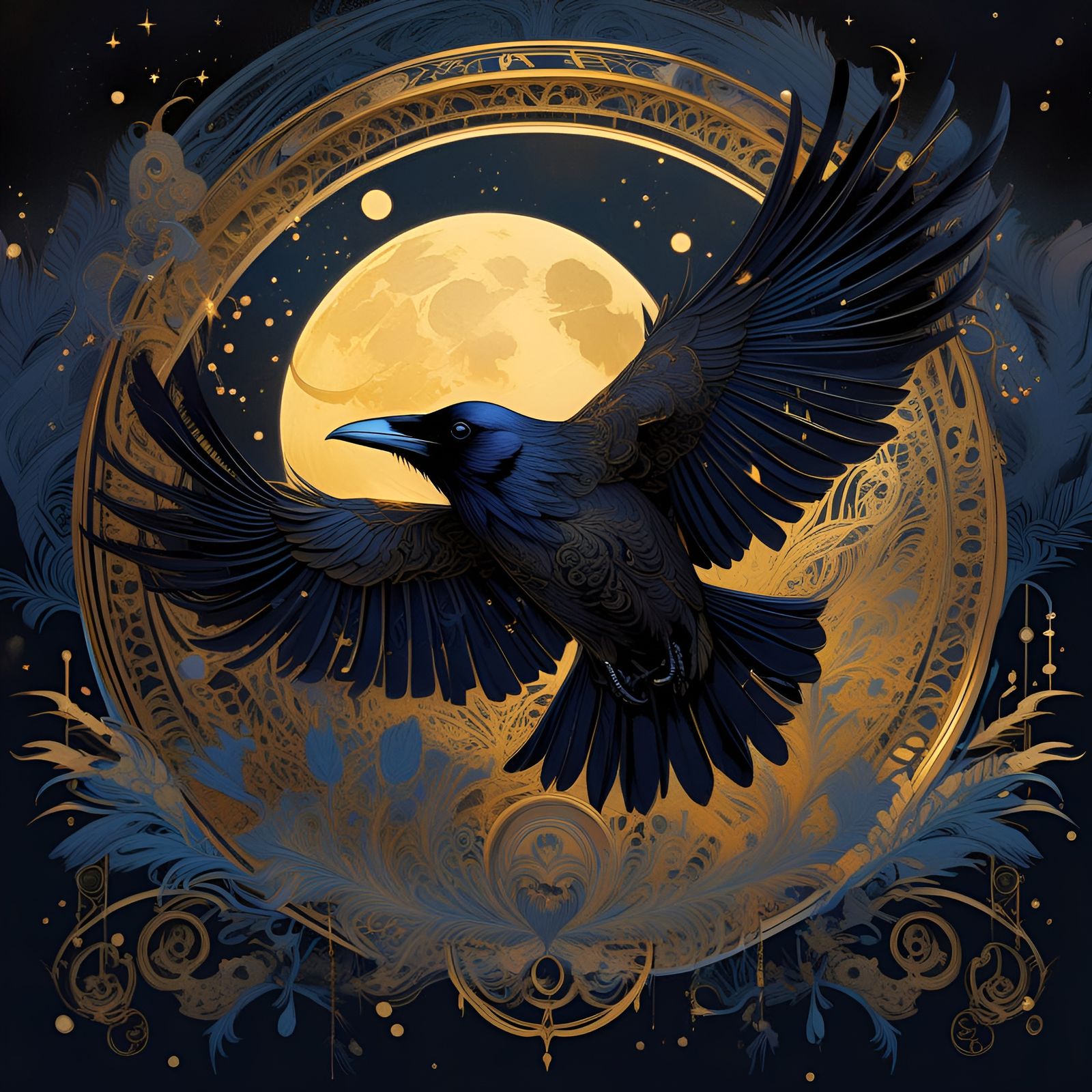 Raven in Flight Against Moon, Digital Painting