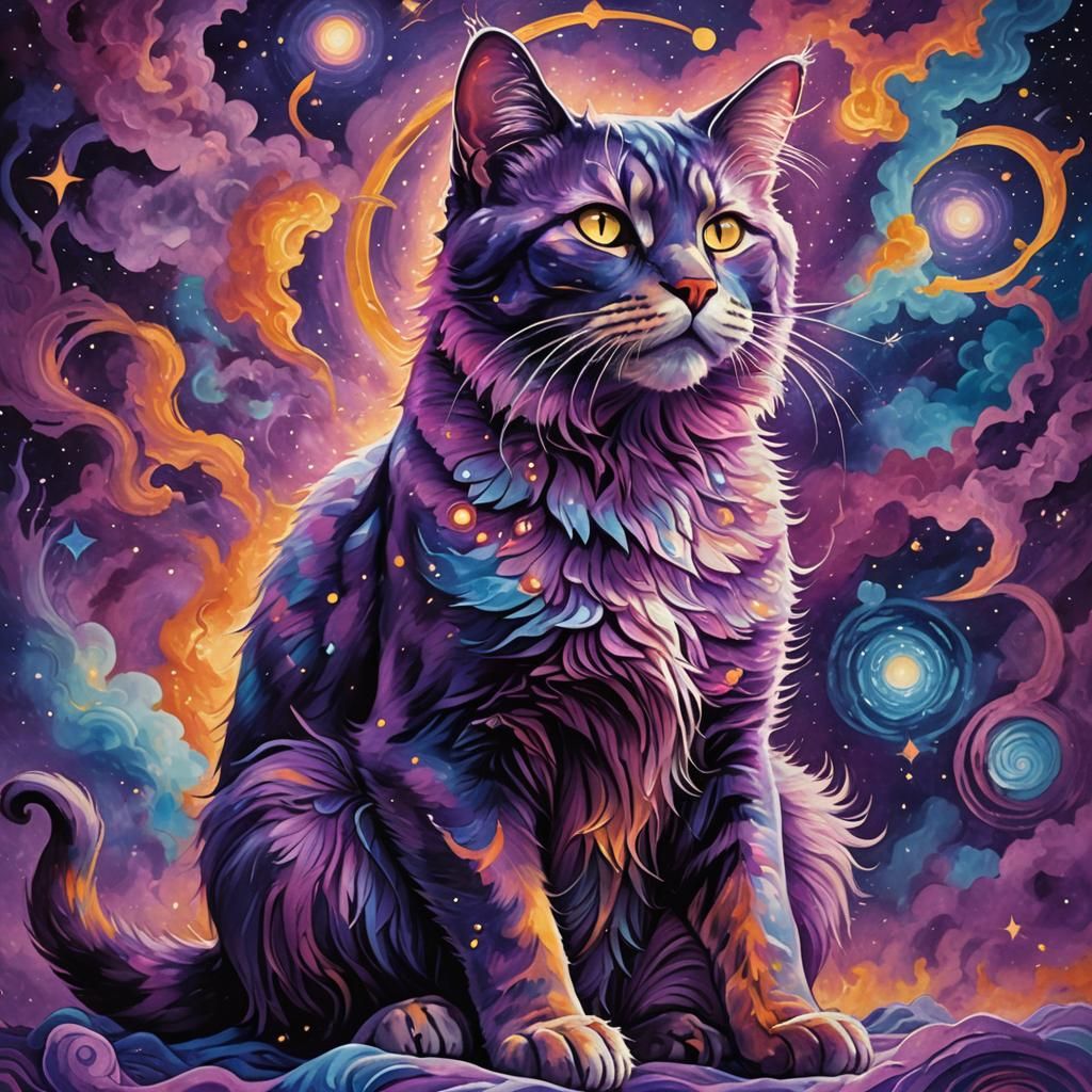 Electric Cat in Psychedelic Astral Realm: Visionary Art